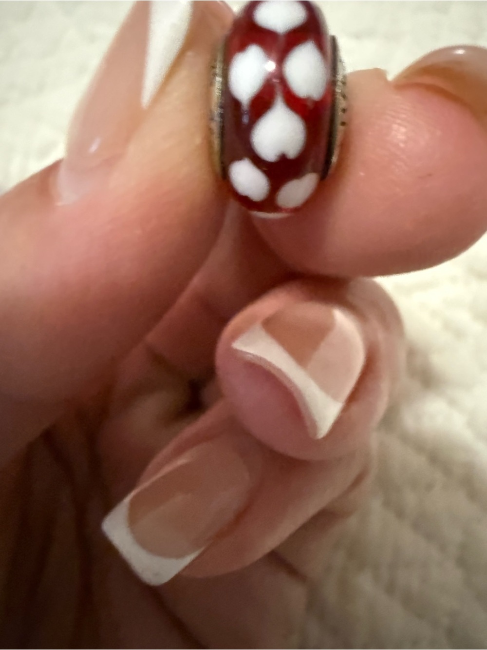 Pandora red Murano glass with white hearts Bead